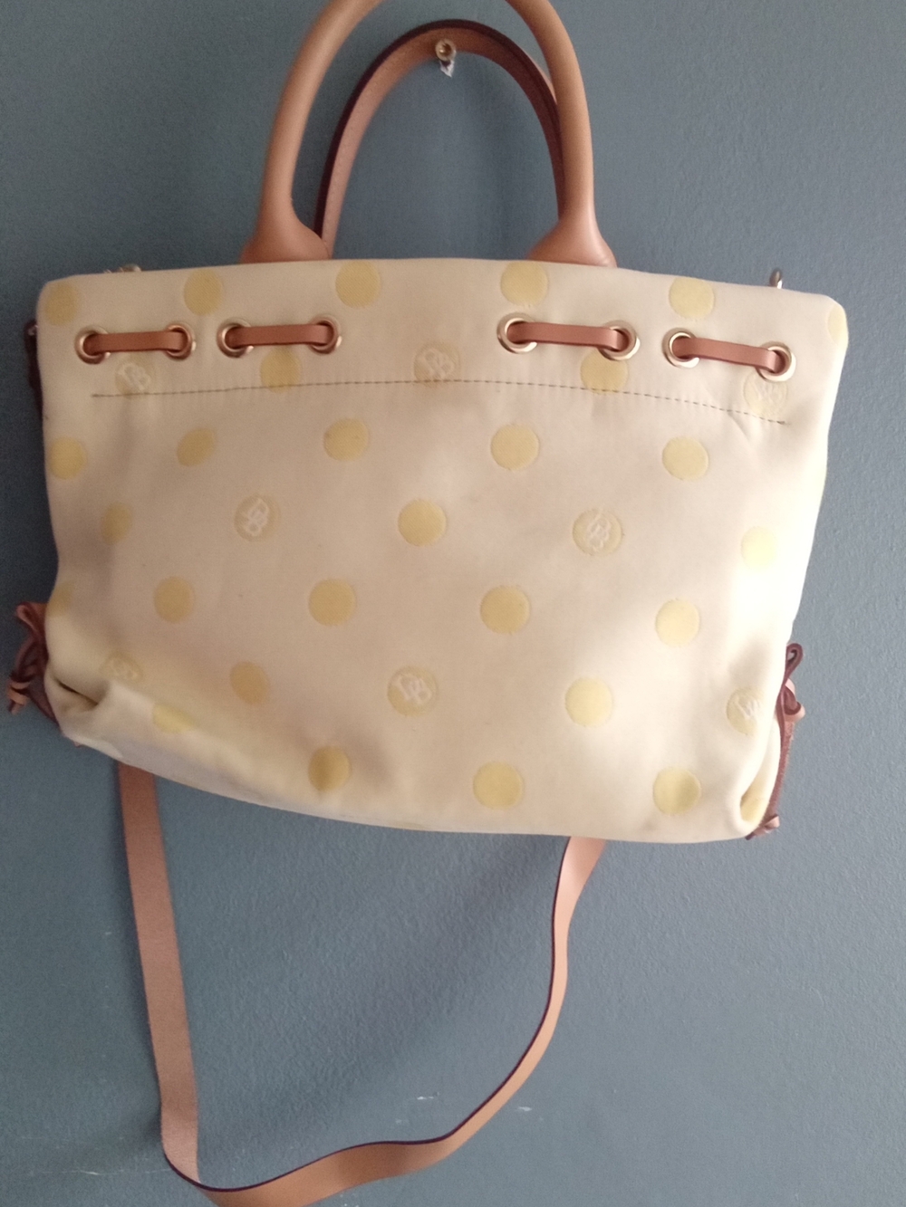 Dooney & Bourke Polka Dot Canvas Satchel Bag Cream Yellow Leather Trim Tassels